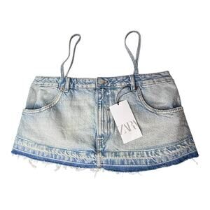 NEW ZARA Denim CROP TOP Spaghetti Strap Jean Short TANK Shirt Women's MED Blue!